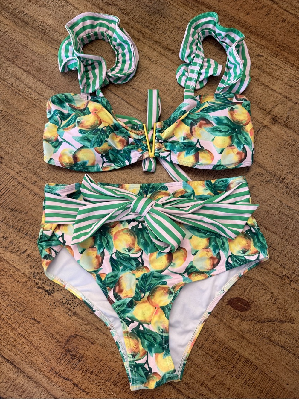Two-Piece Lemon Print High-Waist Swim Set - Green/Yellow